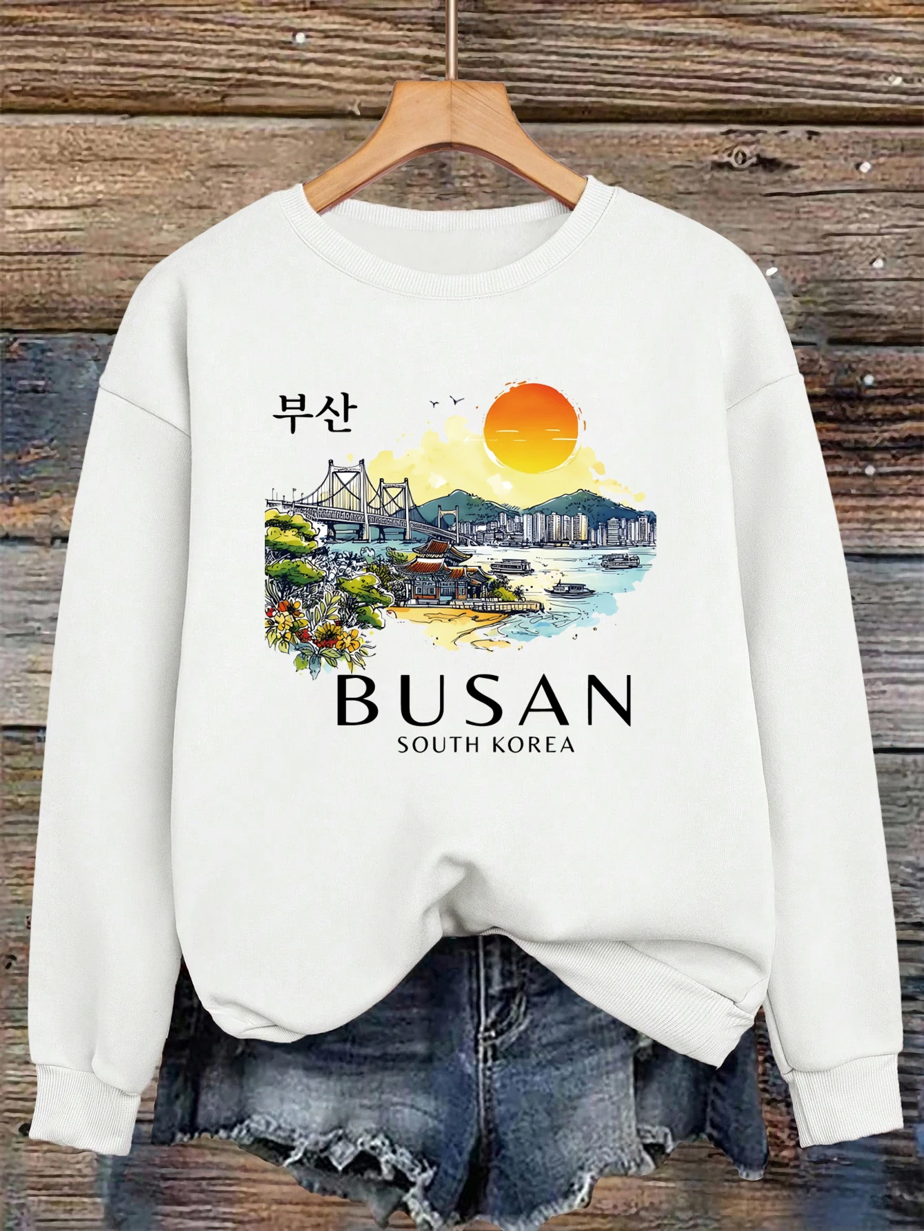 Busan South Korea Printing Women Sweatshirt Fleece Comfortable Pullovers Autumn O-Neck Streetwear Loose Casual Woman Clothes