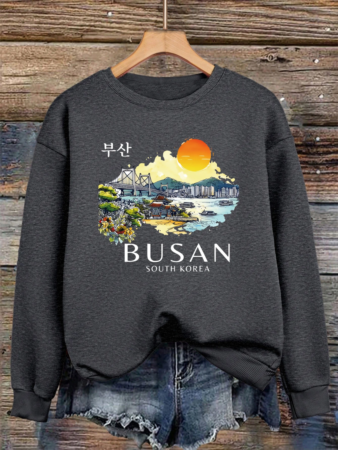 Busan South Korea Printing Women Sweatshirt Fleece Comfortable Pullovers Autumn O-Neck Streetwear Loose Casual Woman Clothes