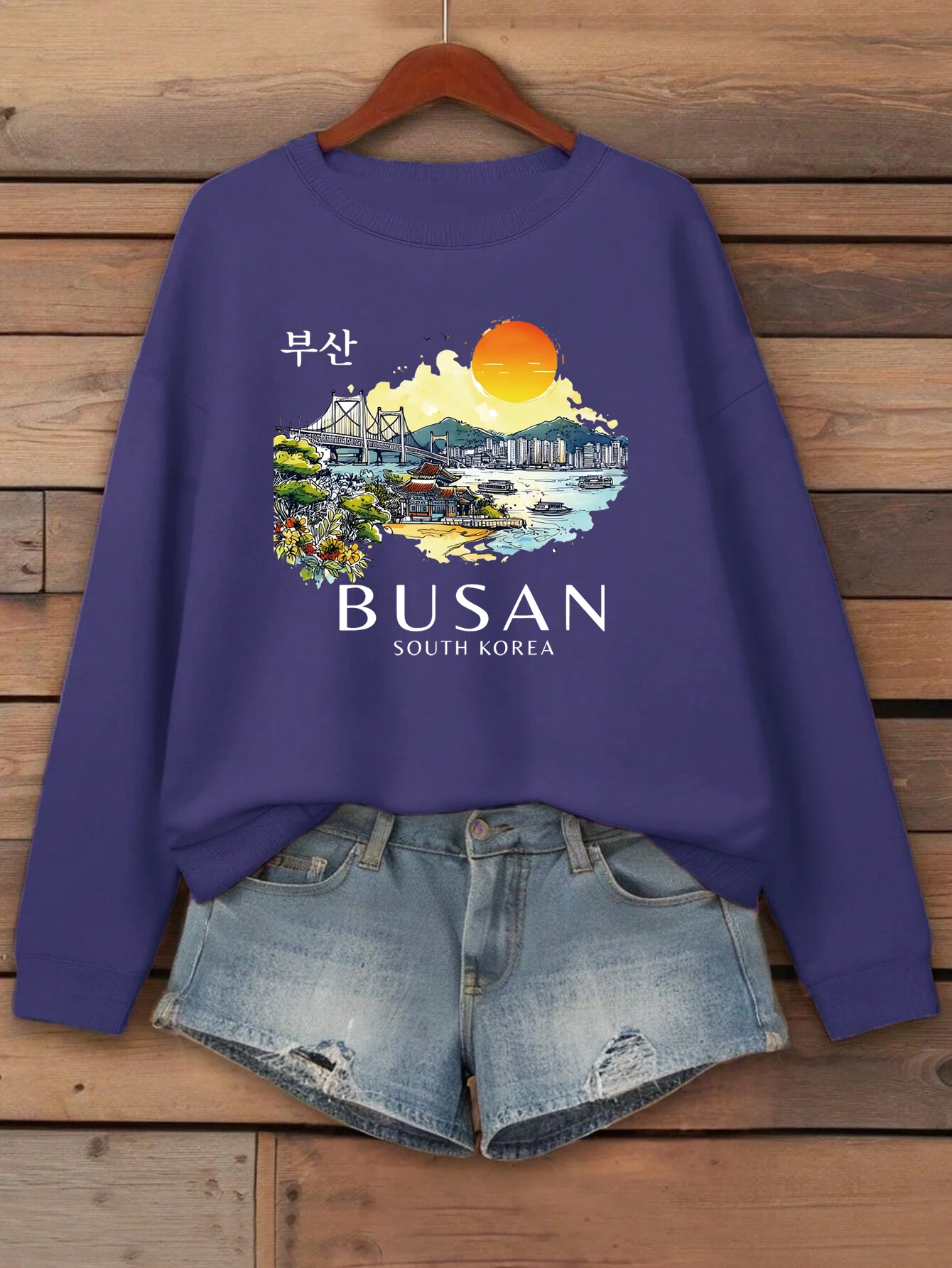 Busan South Korea Printing Women Sweatshirt Fleece Comfortable Pullovers Autumn O-Neck Streetwear Loose Casual Woman Clothes