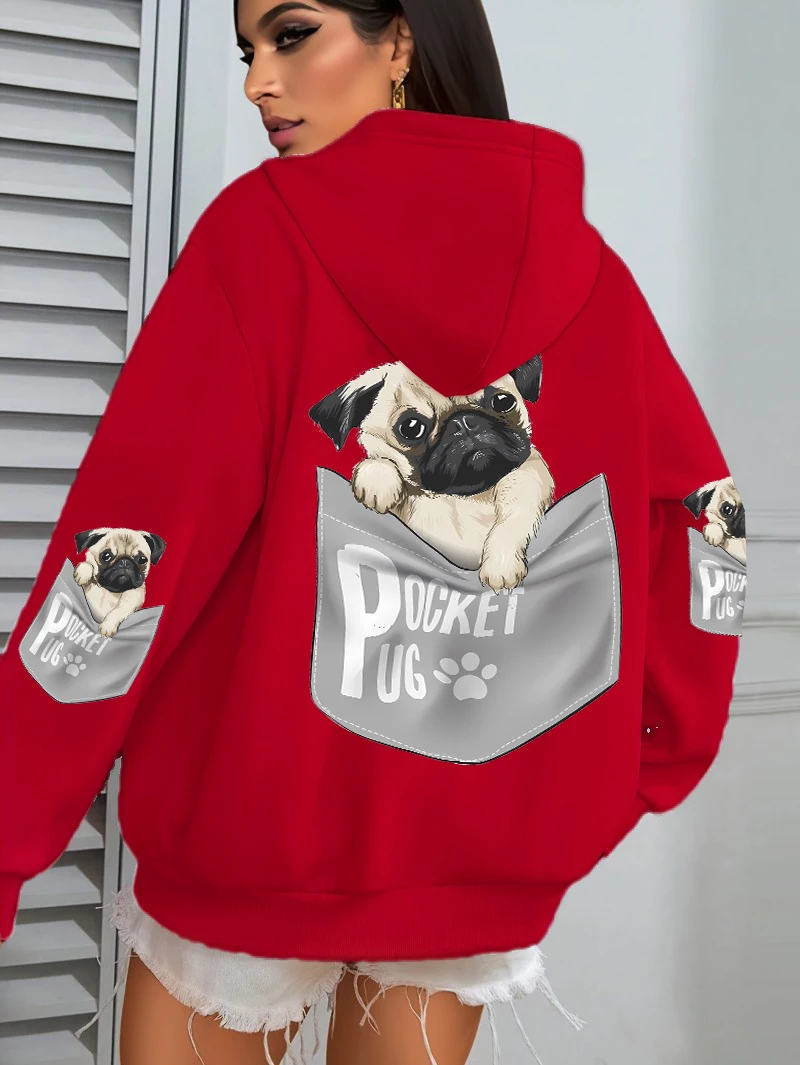 Pocket Pug Hoodies Women Cartoons dog Prints Hooded Loose Pockets Sweatshirts Winter Fleece Warm Tops Street Black Woman Clothes