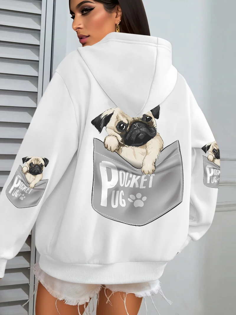 Pocket Pug Hoodies Women Cartoons dog Prints Hooded Loose Pockets Sweatshirts Winter Fleece Warm Tops Street Black Woman Clothes