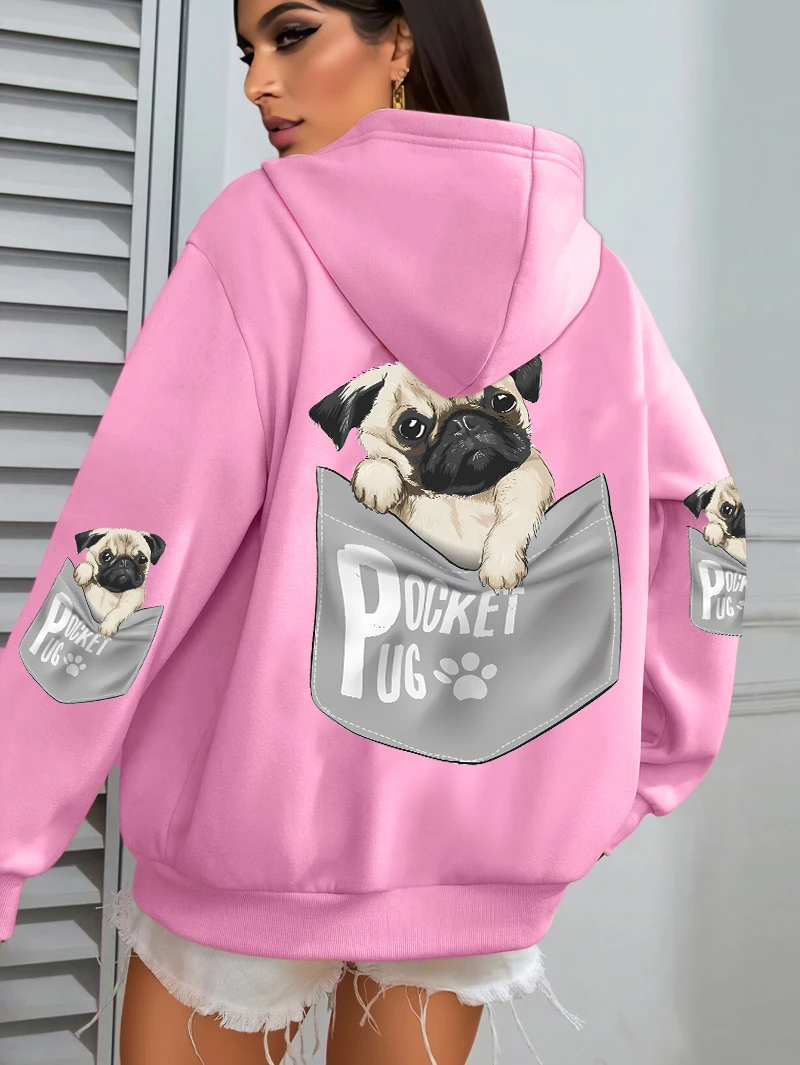 Pocket Pug Hoodies Women Cartoons dog Prints Hooded Loose Pockets Sweatshirts Winter Fleece Warm Tops Street Black Woman Clothes