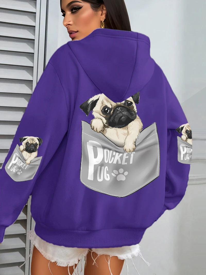 Pocket Pug Hoodies Women Cartoons dog Prints Hooded Loose Pockets Sweatshirts Winter Fleece Warm Tops Street Black Woman Clothes