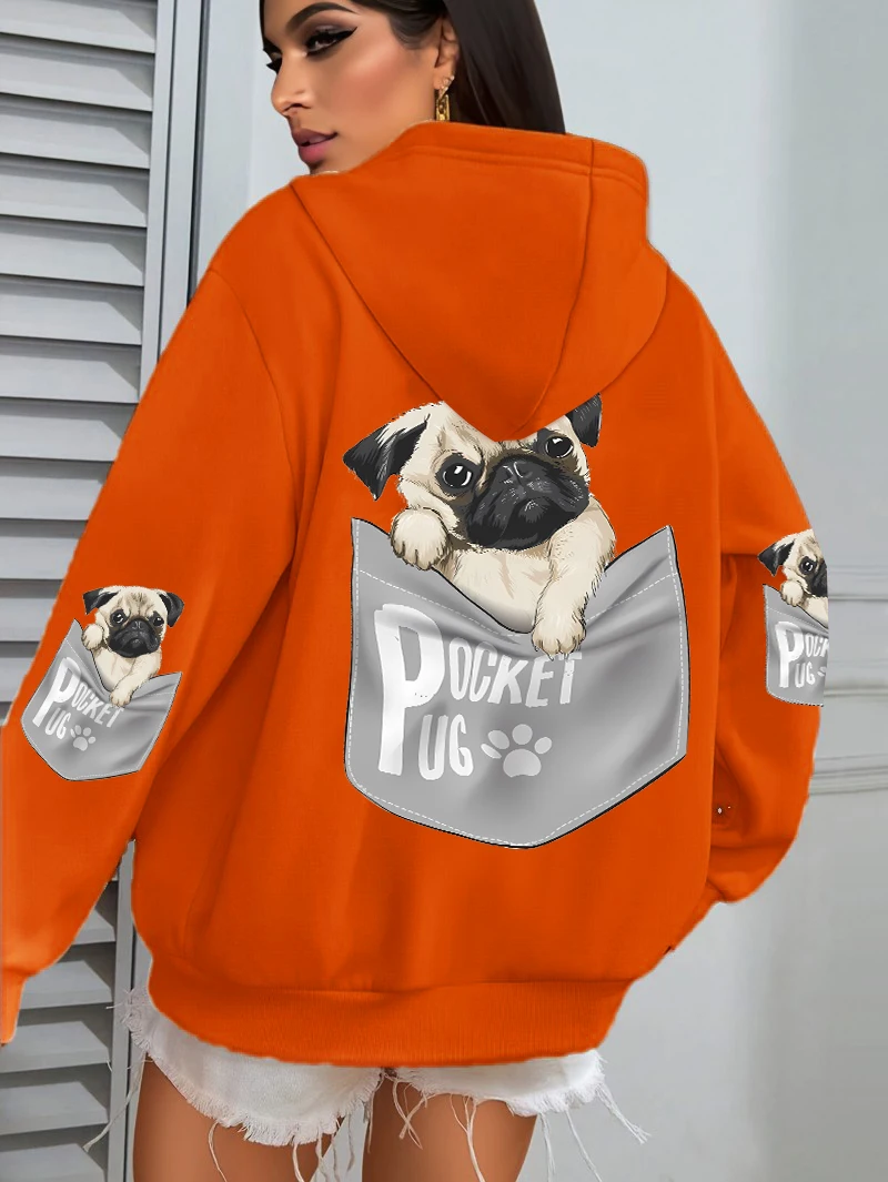 Pocket Pug Hoodies Women Cartoons dog Prints Hooded Loose Pockets Sweatshirts Winter Fleece Warm Tops Street Black Woman Clothes