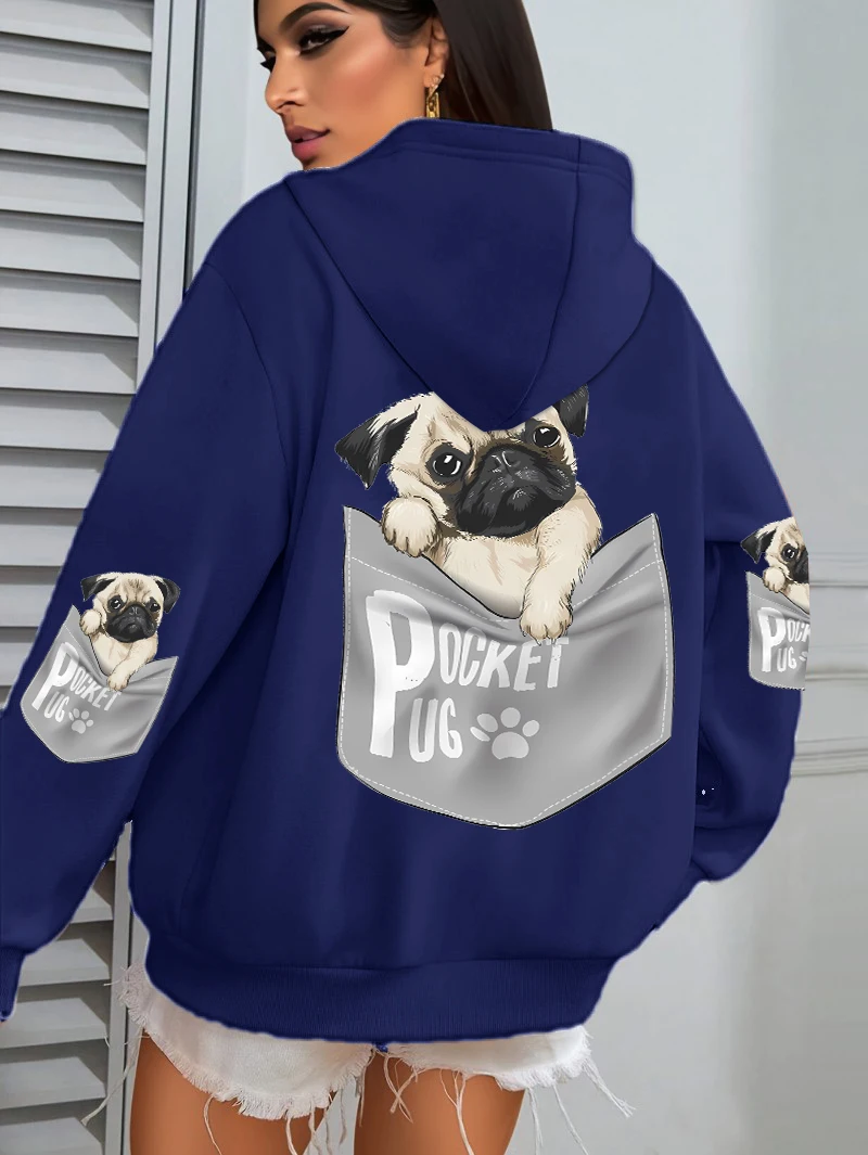 Pocket Pug Hoodies Women Cartoons dog Prints Hooded Loose Pockets Sweatshirts Winter Fleece Warm Tops Street Black Woman Clothes