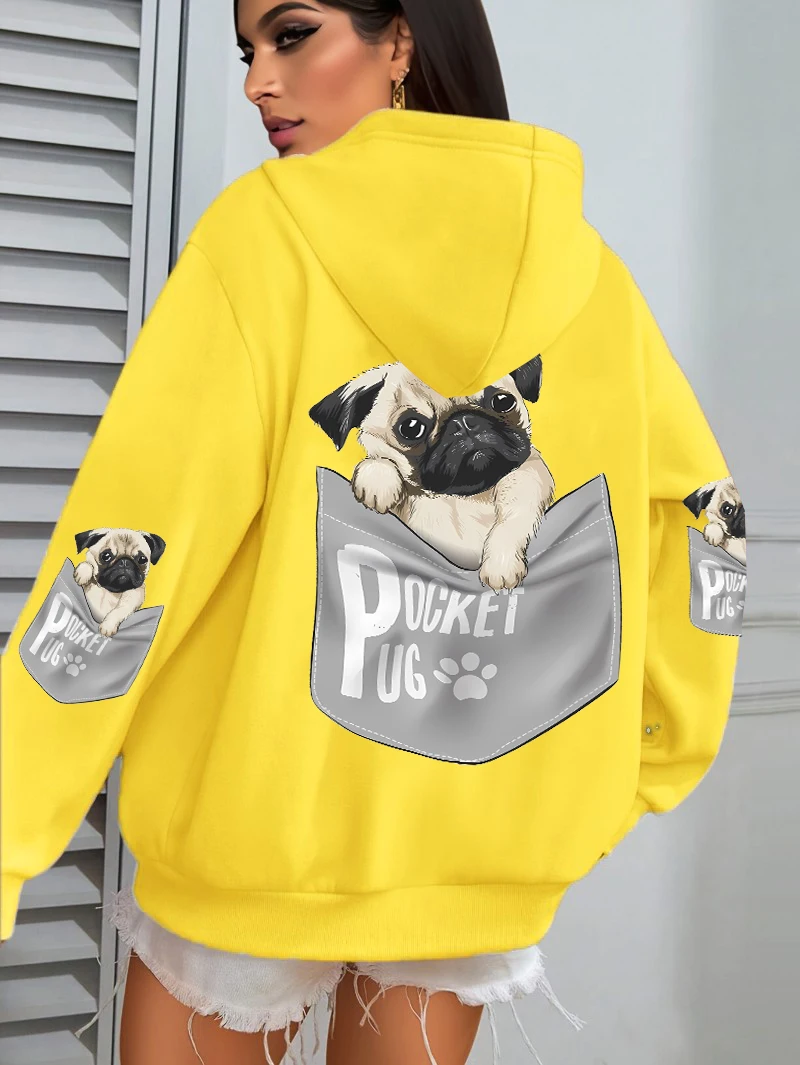 Pocket Pug Hoodies Women Cartoons dog Prints Hooded Loose Pockets Sweatshirts Winter Fleece Warm Tops Street Black Woman Clothes