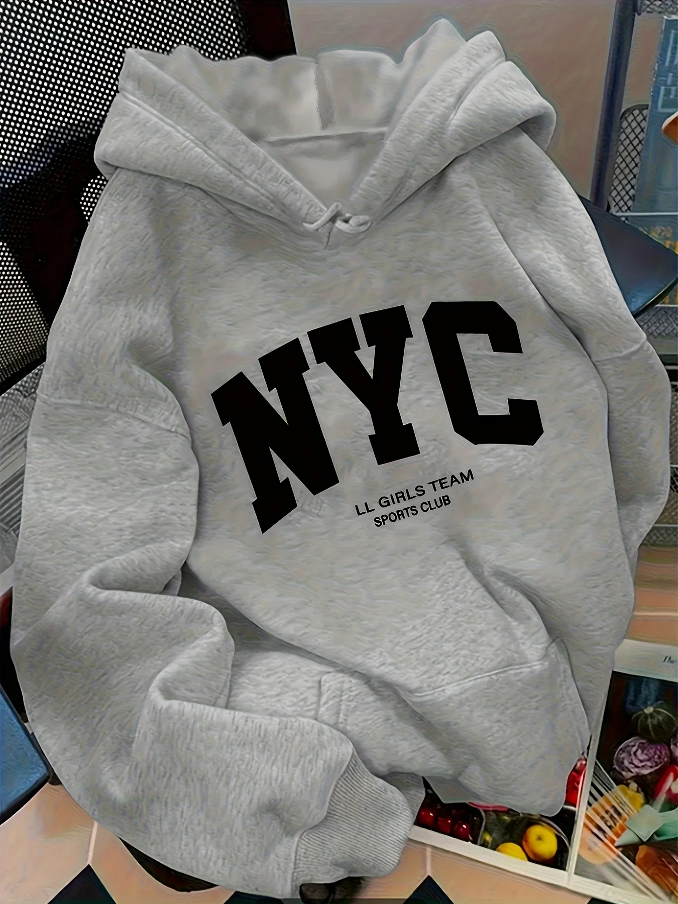 Women's autumn and winter warm and loose casual New York USA letter printed suede long sleeved hooded sweatshirt