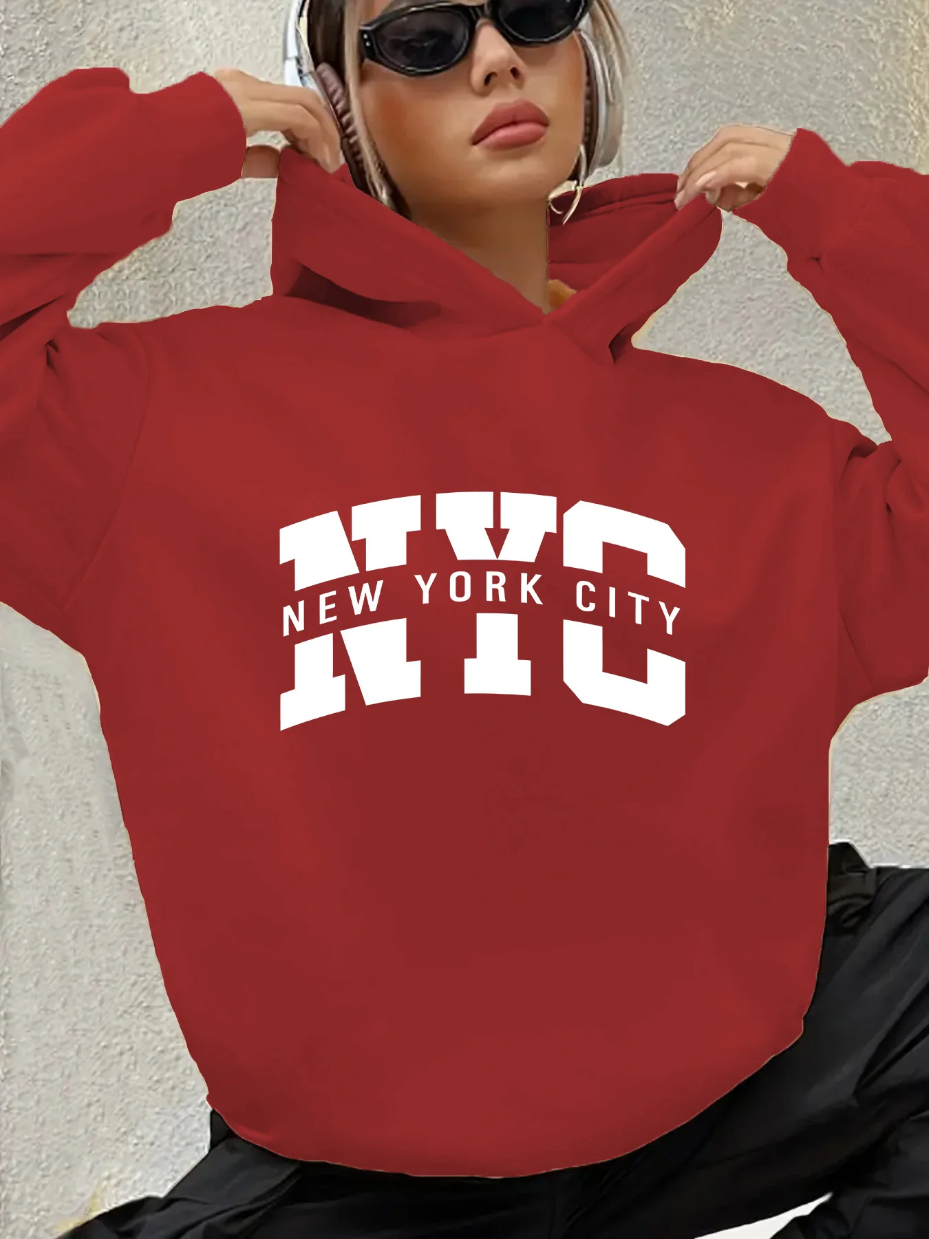 Women's autumn and winter warm and loose casual New York USA letter printed suede long sleeved hooded sweatshirt