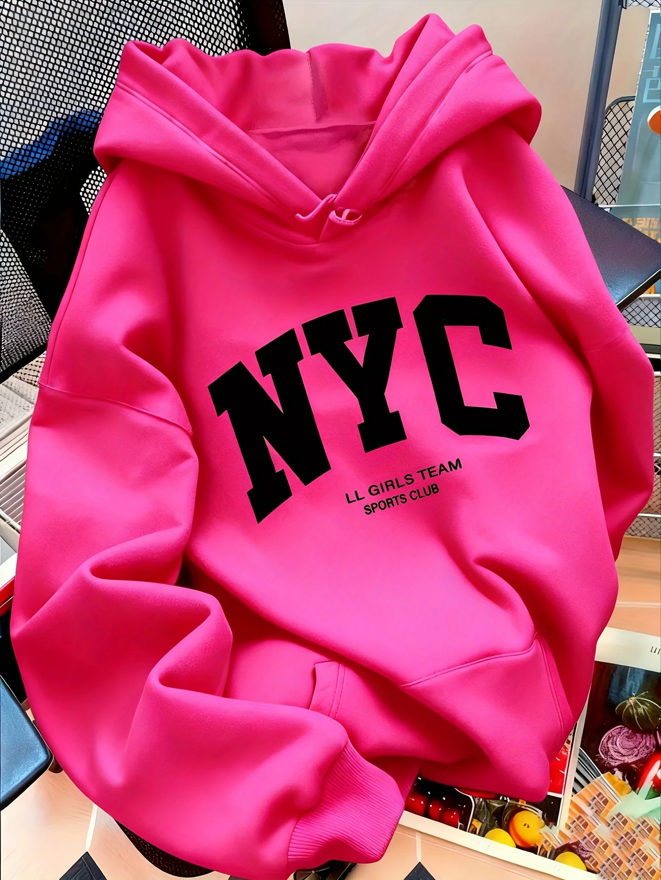 Women's autumn and winter warm and loose casual New York USA letter printed suede long sleeved hooded sweatshirt