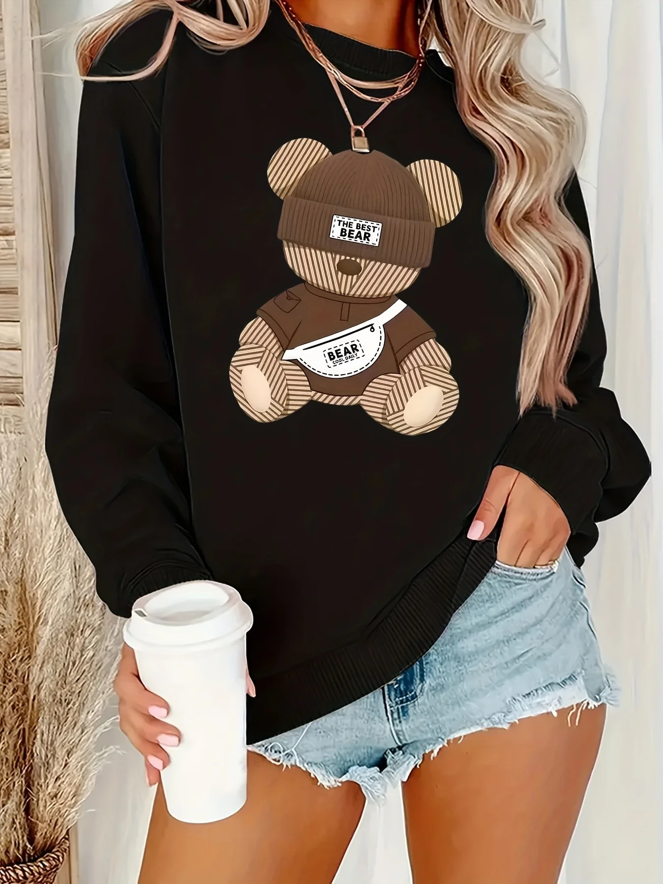 Women's Autumn and Winter Loose Casual Comfortable Cartoon Tiger Print Plus Velvet Long-Sleeved Round Neck Hoodie Pullover