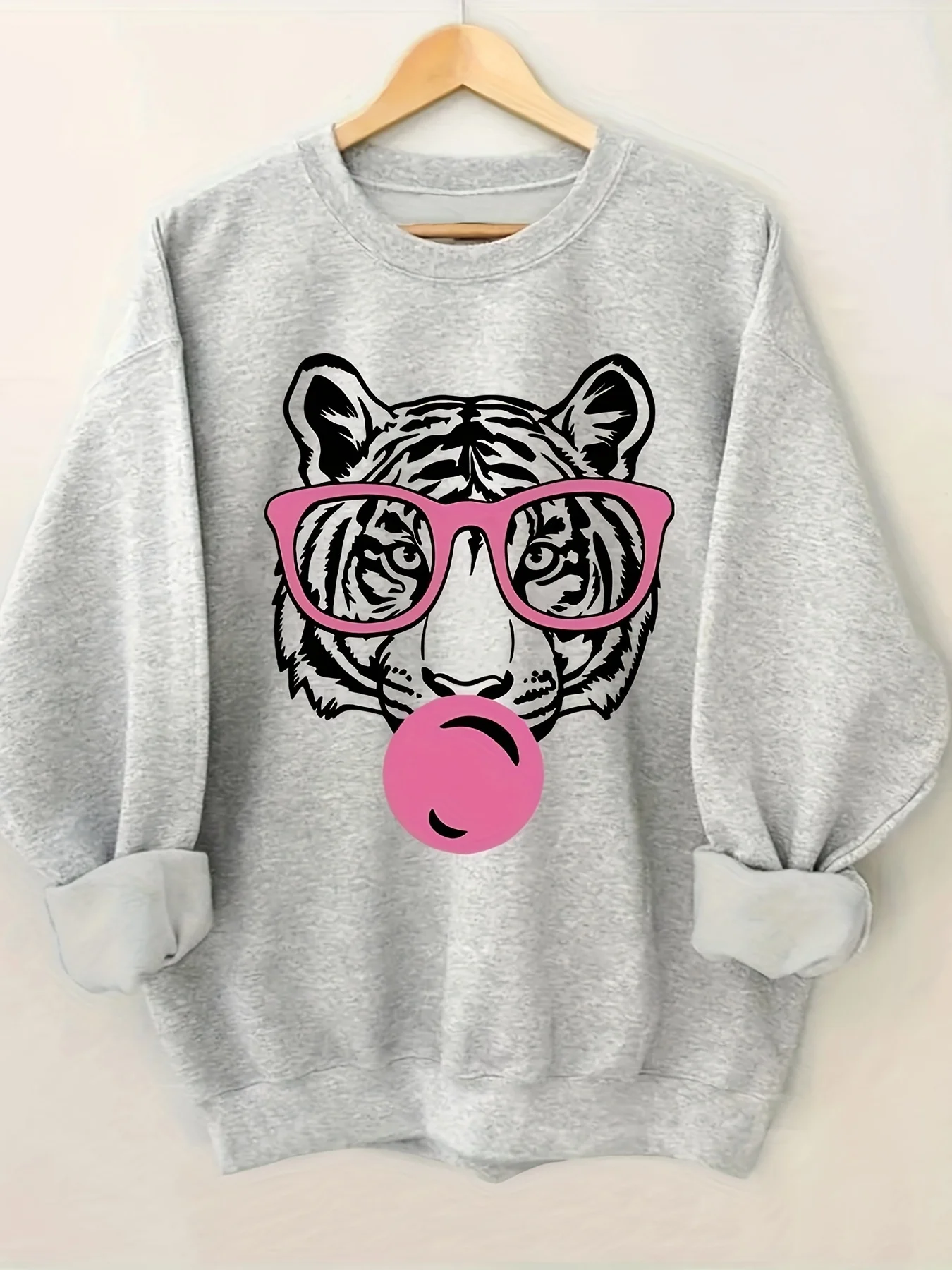 Women's Autumn and Winter Loose Casual Comfortable Cartoon Tiger Print Plus Velvet Long-Sleeved Round Neck Hoodie Pullover
