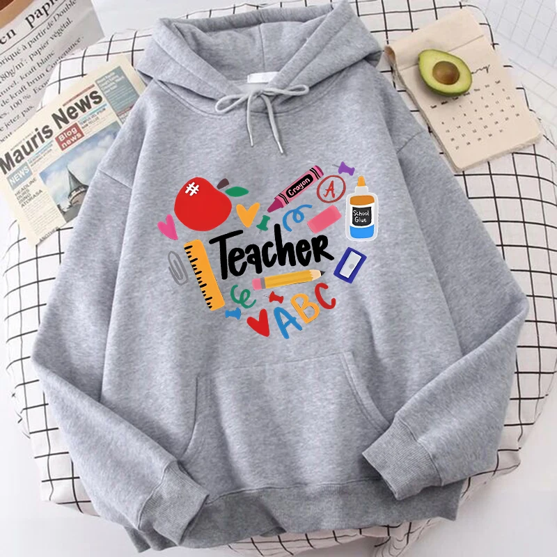 Teacher Print Long Sleeve Hoodies Woman Casual Autunm Winter Hooded Women's Y2k Sweatshirt Clothing for School 90s Female