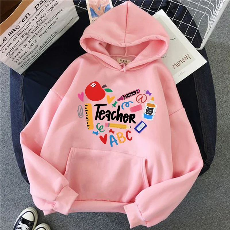Teacher Print Long Sleeve Hoodies Woman Casual Autunm Winter Hooded Women's Y2k Sweatshirt Clothing for School 90s Female
