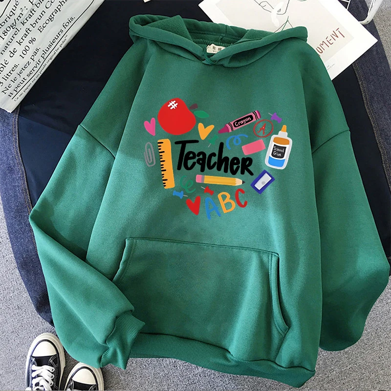 Teacher Print Long Sleeve Hoodies Woman Casual Autunm Winter Hooded Women's Y2k Sweatshirt Clothing for School 90s Female