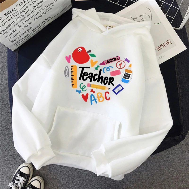 Teacher Print Long Sleeve Hoodies Woman Casual Autunm Winter Hooded Women's Y2k Sweatshirt Clothing for School 90s Female