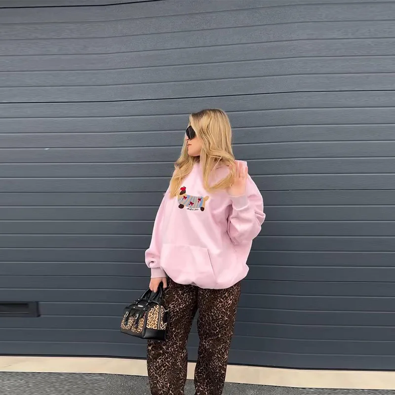 Casual Dog Print Hooded Women Loose Full Sleeve O-neck Solid Pockets Sweatshirt Female 2026 Fashion Spring Summer Outwear