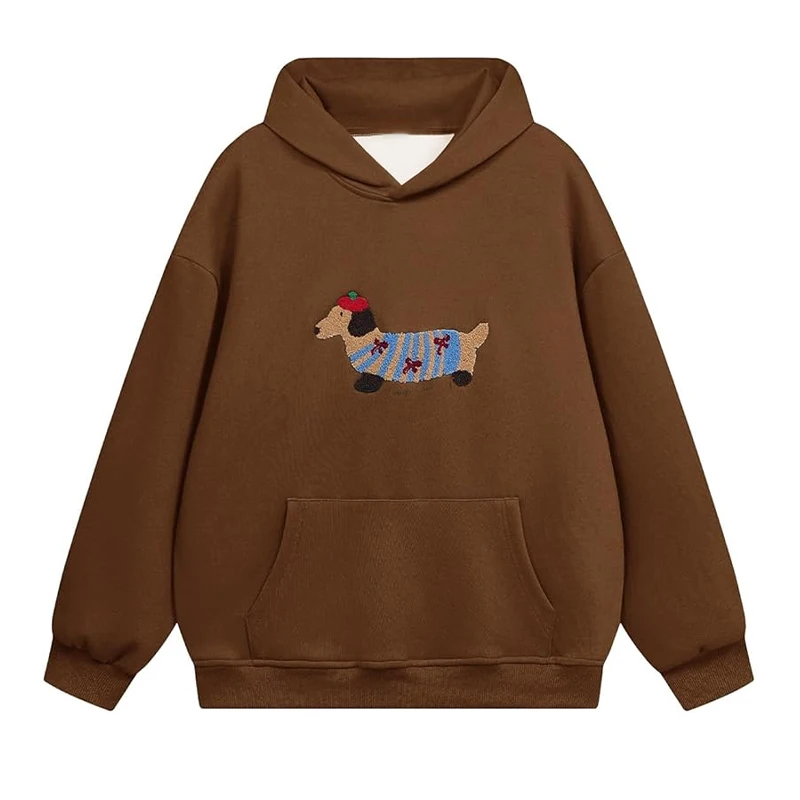 Casual Dog Print Hooded Women Loose Full Sleeve O-neck Solid Pockets Sweatshirt Female 2026 Fashion Spring Summer Outwear