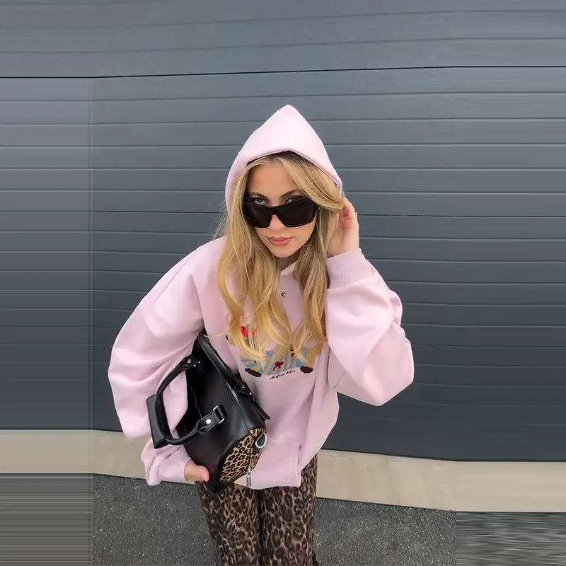 Casual Dog Print Hooded Women Loose Full Sleeve O-neck Solid Pockets Sweatshirt Female 2026 Fashion Spring Summer Outwear
