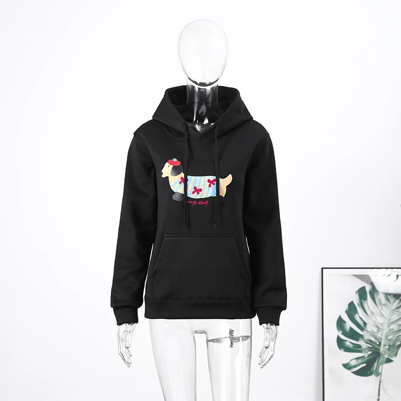 Casual Dog Print Hooded Women Loose Full Sleeve O-neck Solid Pockets Sweatshirt Female 2026 Fashion Spring Summer Outwear