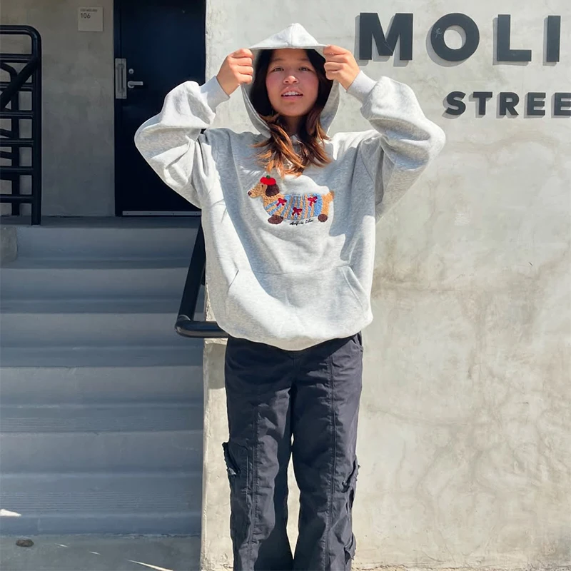 Casual Dog Print Hooded Women Loose Full Sleeve O-neck Solid Pockets Sweatshirt Female 2026 Fashion Spring Summer Outwear