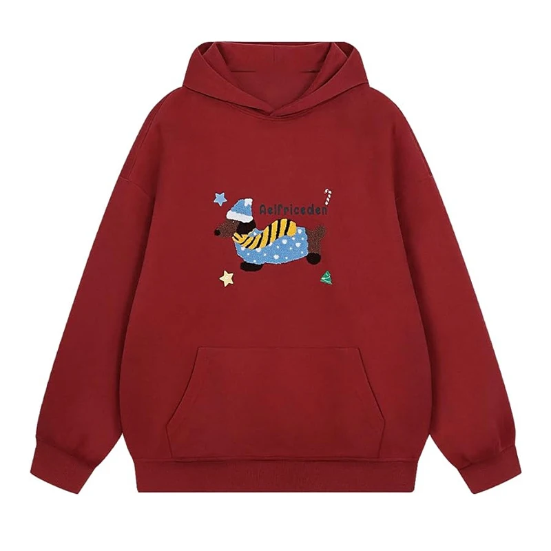 Casual Dog Print Hooded Women Loose Full Sleeve O-neck Solid Pockets Sweatshirt Female 2026 Fashion Spring Summer Outwear