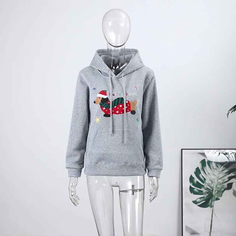 Casual Dog Print Hooded Women Loose Full Sleeve O-neck Solid Pockets Sweatshirt Female 2026 Fashion Spring Summer Outwear
