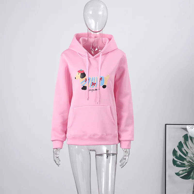 Casual Dog Print Hooded Women Loose Full Sleeve O-neck Solid Pockets Sweatshirt Female 2026 Fashion Spring Summer Outwear