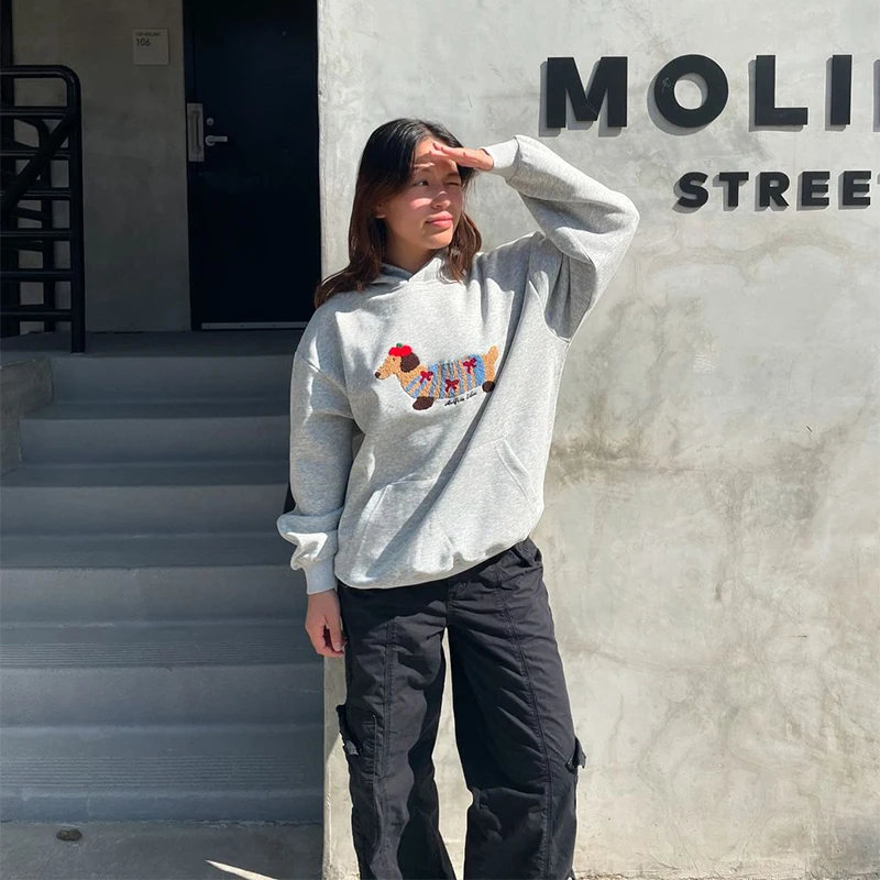 Casual Dog Print Hooded Women Loose Full Sleeve O-neck Solid Pockets Sweatshirt Female 2026 Fashion Spring Summer Outwear
