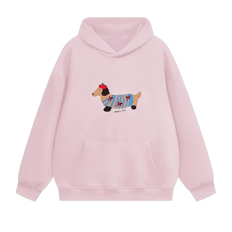 Casual Dog Print Hooded Women Loose Full Sleeve O-neck Solid Pockets Sweatshirt Female 2026 Fashion Spring Summer Outwear