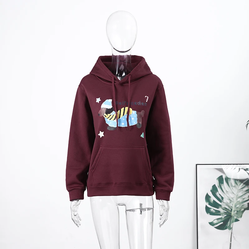 Casual Dog Print Hooded Women Loose Full Sleeve O-neck Solid Pockets Sweatshirt Female 2026 Fashion Spring Summer Outwear