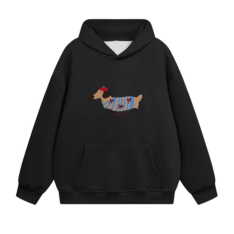 Casual Dog Print Hooded Women Loose Full Sleeve O-neck Solid Pockets Sweatshirt Female 2026 Fashion Spring Summer Outwear