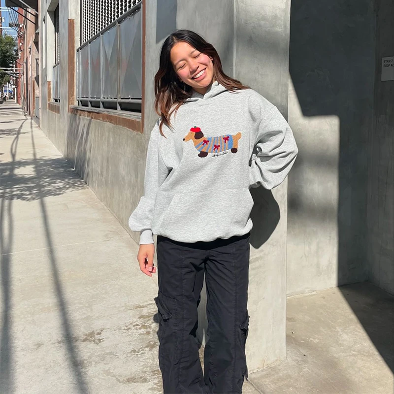 Casual Dog Print Hooded Women Loose Full Sleeve O-neck Solid Pockets Sweatshirt Female 2026 Fashion Spring Summer Outwear