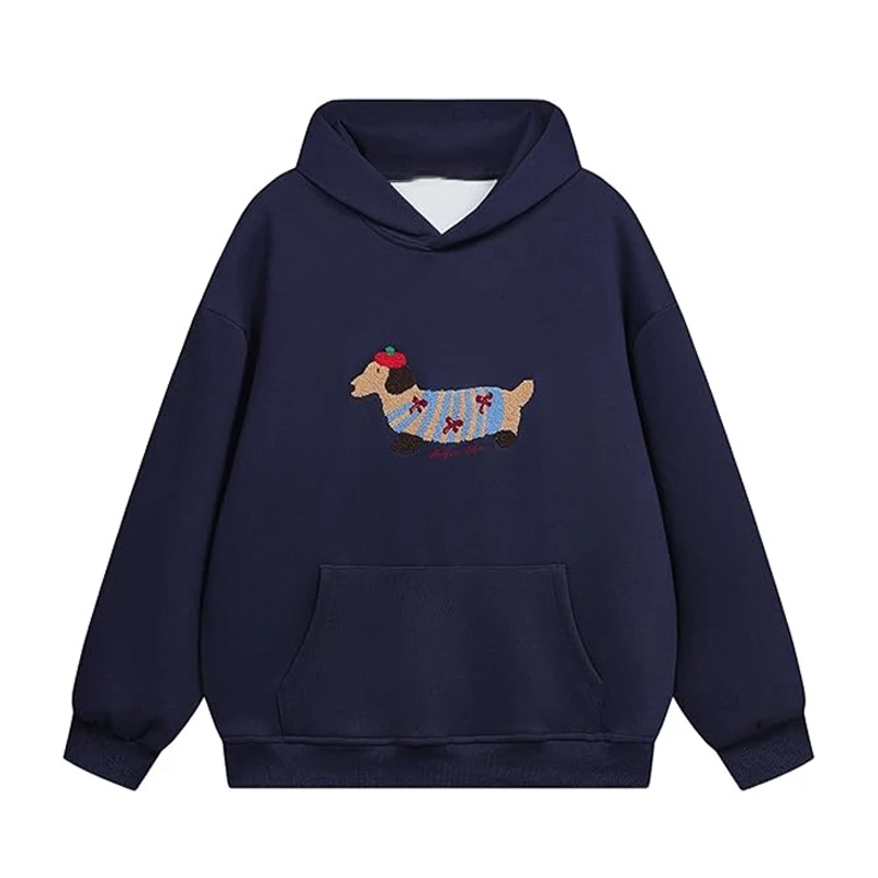 Casual Dog Print Hooded Women Loose Full Sleeve O-neck Solid Pockets Sweatshirt Female 2026 Fashion Spring Summer Outwear