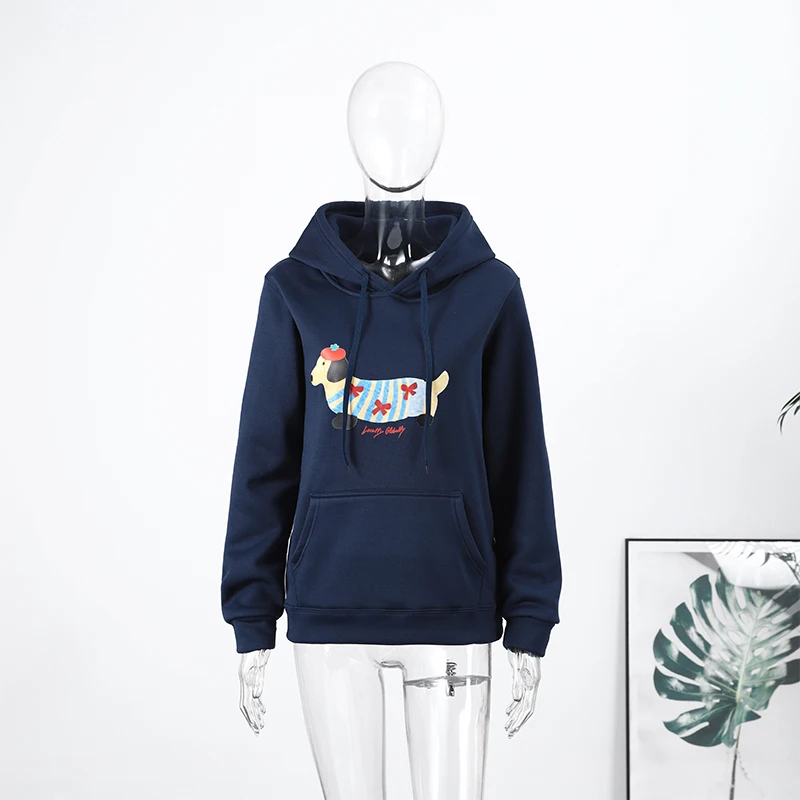 Casual Dog Print Hooded Women Loose Full Sleeve O-neck Solid Pockets Sweatshirt Female 2026 Fashion Spring Summer Outwear