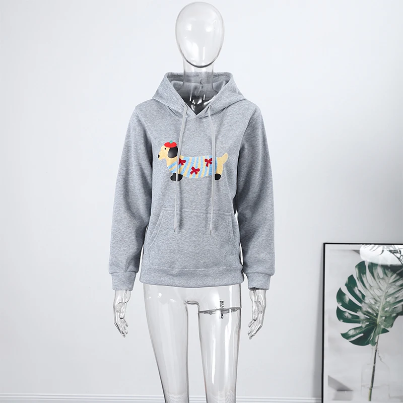 Casual Dog Print Hooded Women Loose Full Sleeve O-neck Solid Pockets Sweatshirt Female 2026 Fashion Spring Summer Outwear