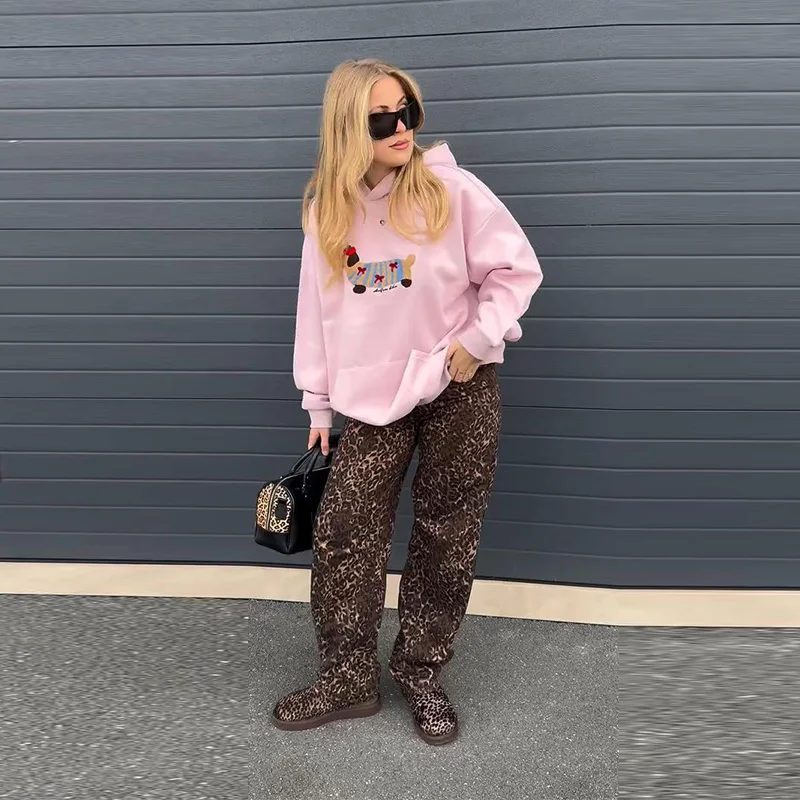Casual Dog Print Hooded Women Loose Full Sleeve O-neck Solid Pockets Sweatshirt Female 2026 Fashion Spring Summer Outwear