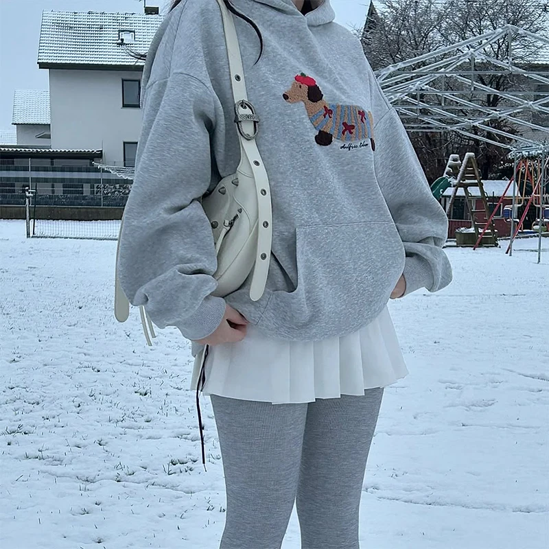 Casual Dog Print Hooded Women Loose Full Sleeve O-neck Solid Pockets Sweatshirt Female 2026 Fashion Spring Summer Outwear