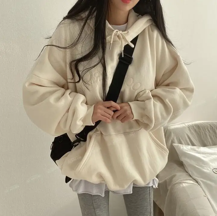 Woman 2025 Autumn and Winter Street Loose Embroidery Casual Hoodies New Plush Hooded Sweatshirt Women Sweatshirts