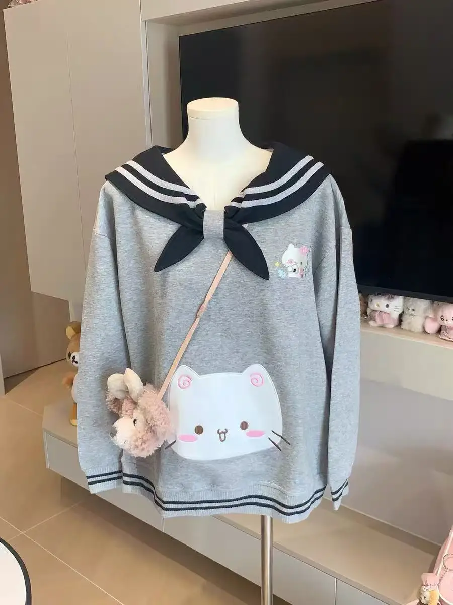 2025 Women's Clothing Japanese Sweatshirts Cute Cat Sailor Collar Loose Hoodies Cotton Thicked Fashion Casual Hoodie Ropa Mujer