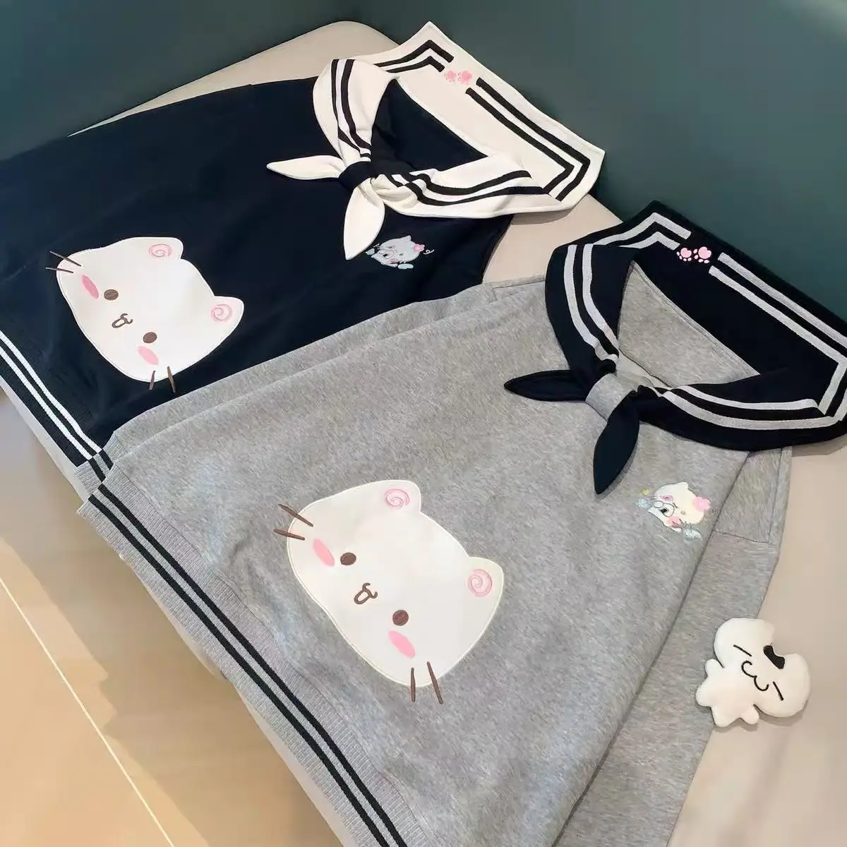 2025 Women's Clothing Japanese Sweatshirts Cute Cat Sailor Collar Loose Hoodies Cotton Thicked Fashion Casual Hoodie Ropa Mujer