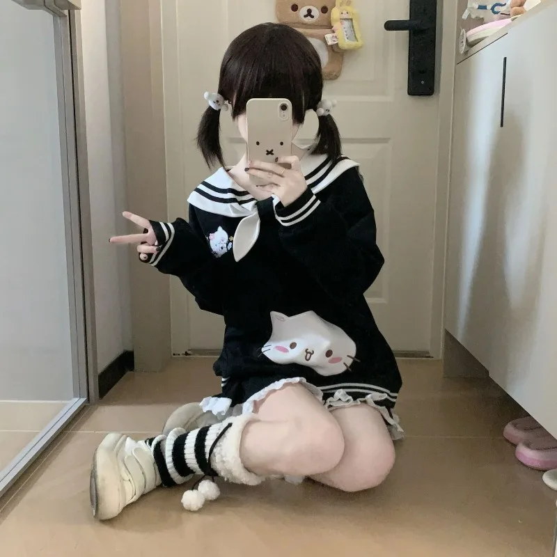 2025 Women's Clothing Japanese Sweatshirts Cute Cat Sailor Collar Loose Hoodies Cotton Thicked Fashion Casual Hoodie Ropa Mujer
