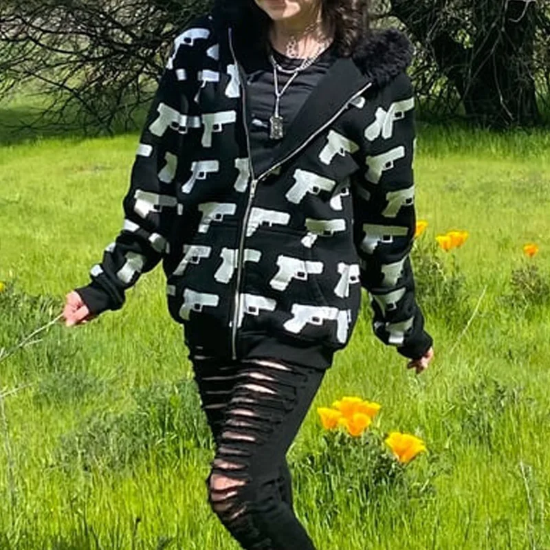 2026 autumn and winter hooded sports hoodie set, dark gothic punk style printed hoodie set, black
