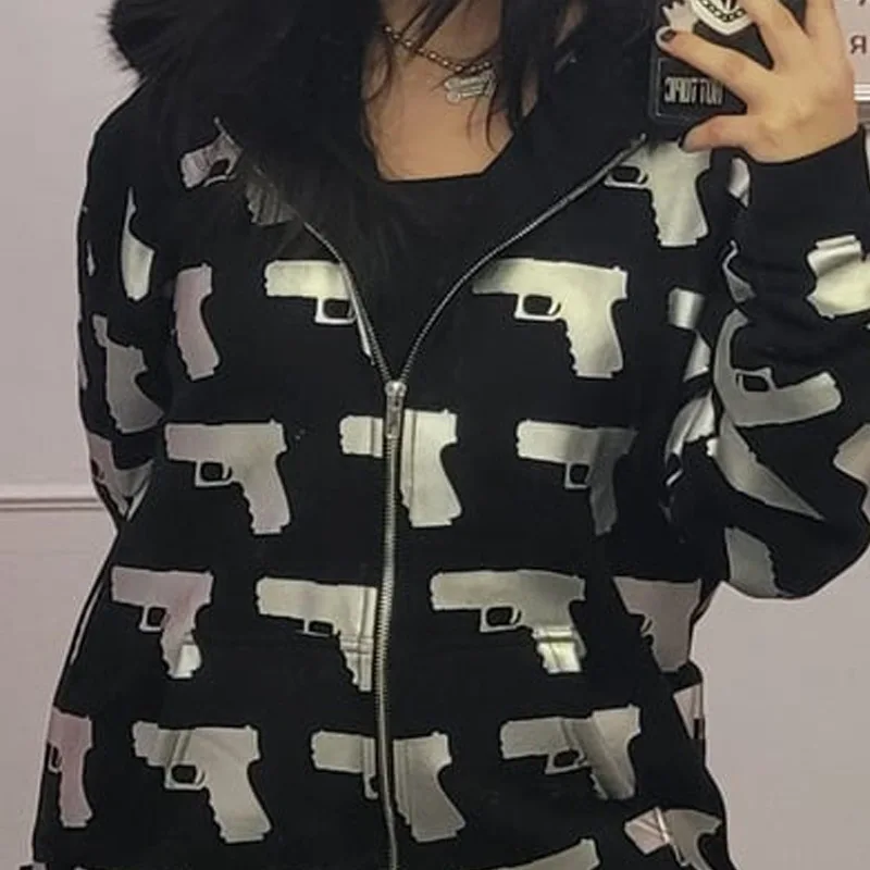 2026 autumn and winter hooded sports hoodie set, dark gothic punk style printed hoodie set, black