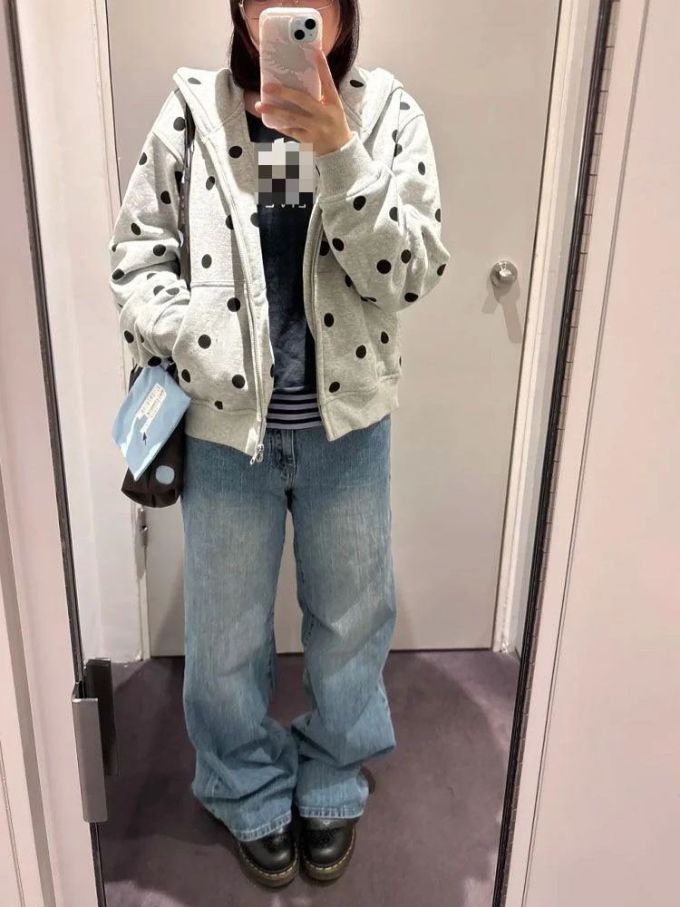 Casual Gray Polka Dot Hoodie Women American Retro Slim Zipper Short Cardigan Spring Simple Lazy Y2k Sweatshirts