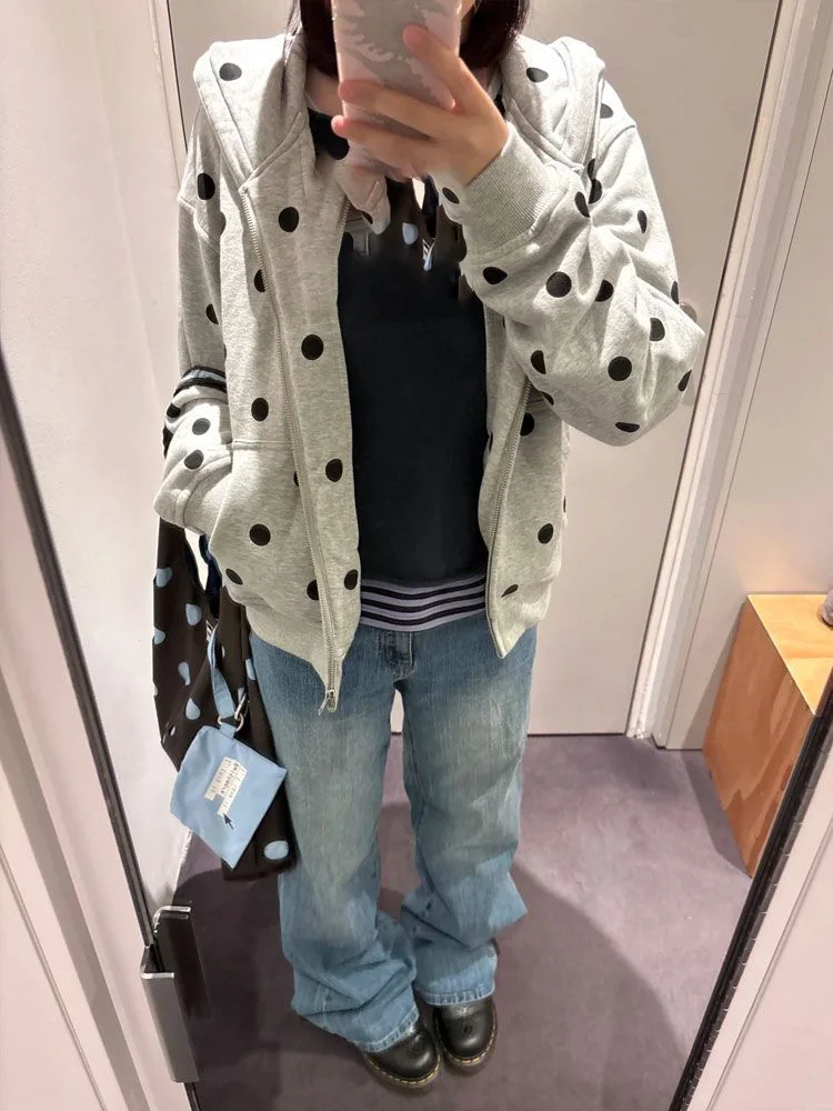 Casual Gray Polka Dot Hoodie Women American Retro Slim Zipper Short Cardigan Spring Simple Lazy Y2k Sweatshirts