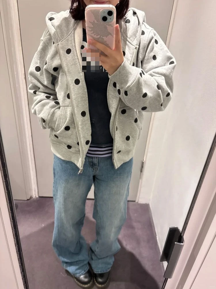 Casual Gray Polka Dot Hoodie Women American Retro Slim Zipper Short Cardigan Spring Simple Lazy Y2k Sweatshirts