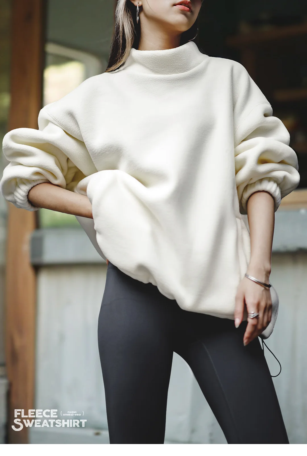 Maden Women’s Fleece Sweatshirt 370gsm Stand Collar Oversized Loose Pullover Unisex Thick Warm Autumn Winter Basic Sweatshirt