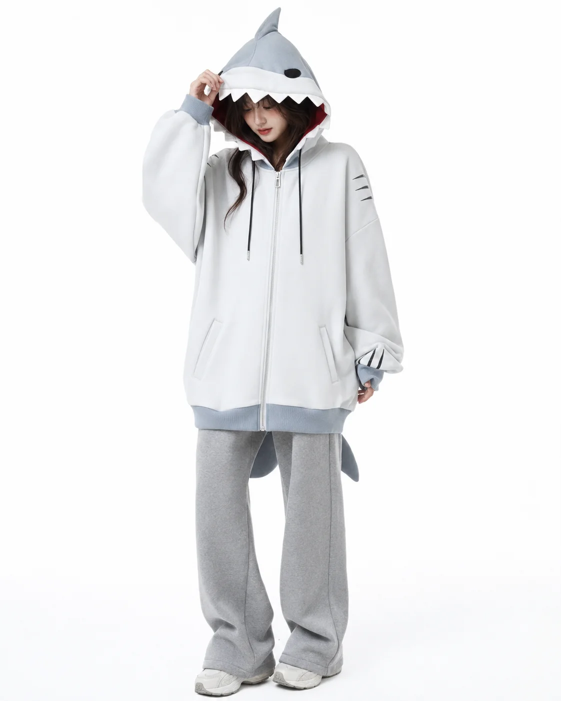Womens Grey Shark Hood Zip Up Hoodie Oversized Heavy Detail Streetwear Casual Fashion Sweatshirt Top Loose Fit Soft Cotton Y2K