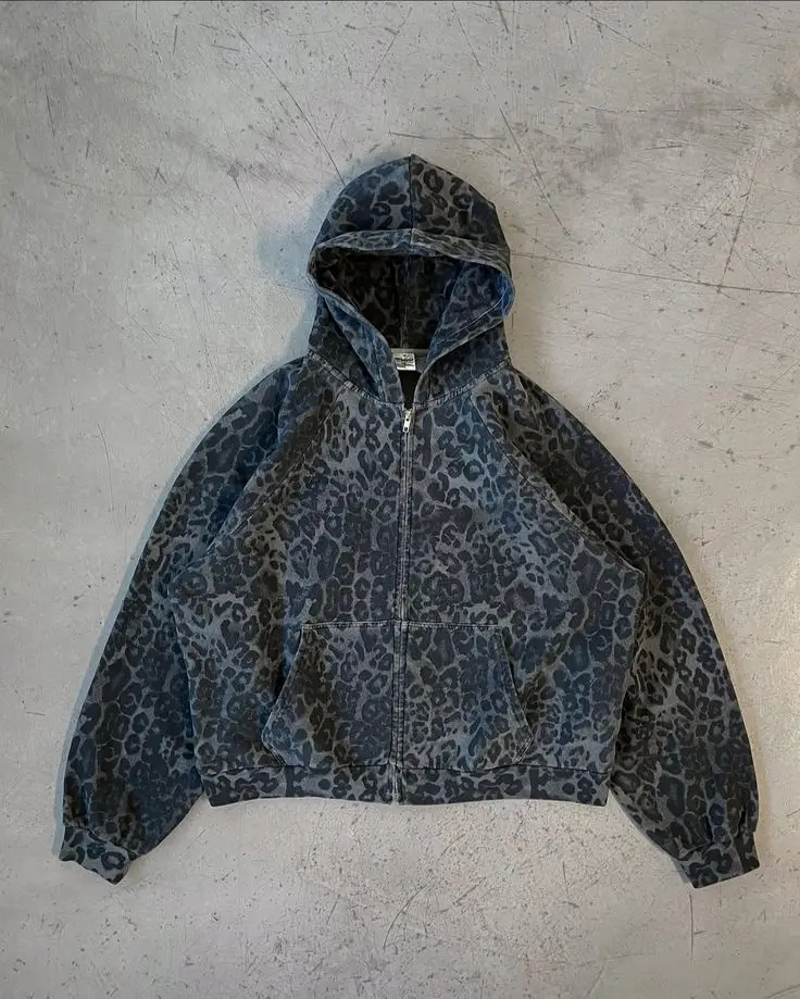 American Retro Leopard Print Zipper Hoodie Y2K Clothes Fashion Casual Hoodie Sweatshirt Mens Womens Fashion Jacket