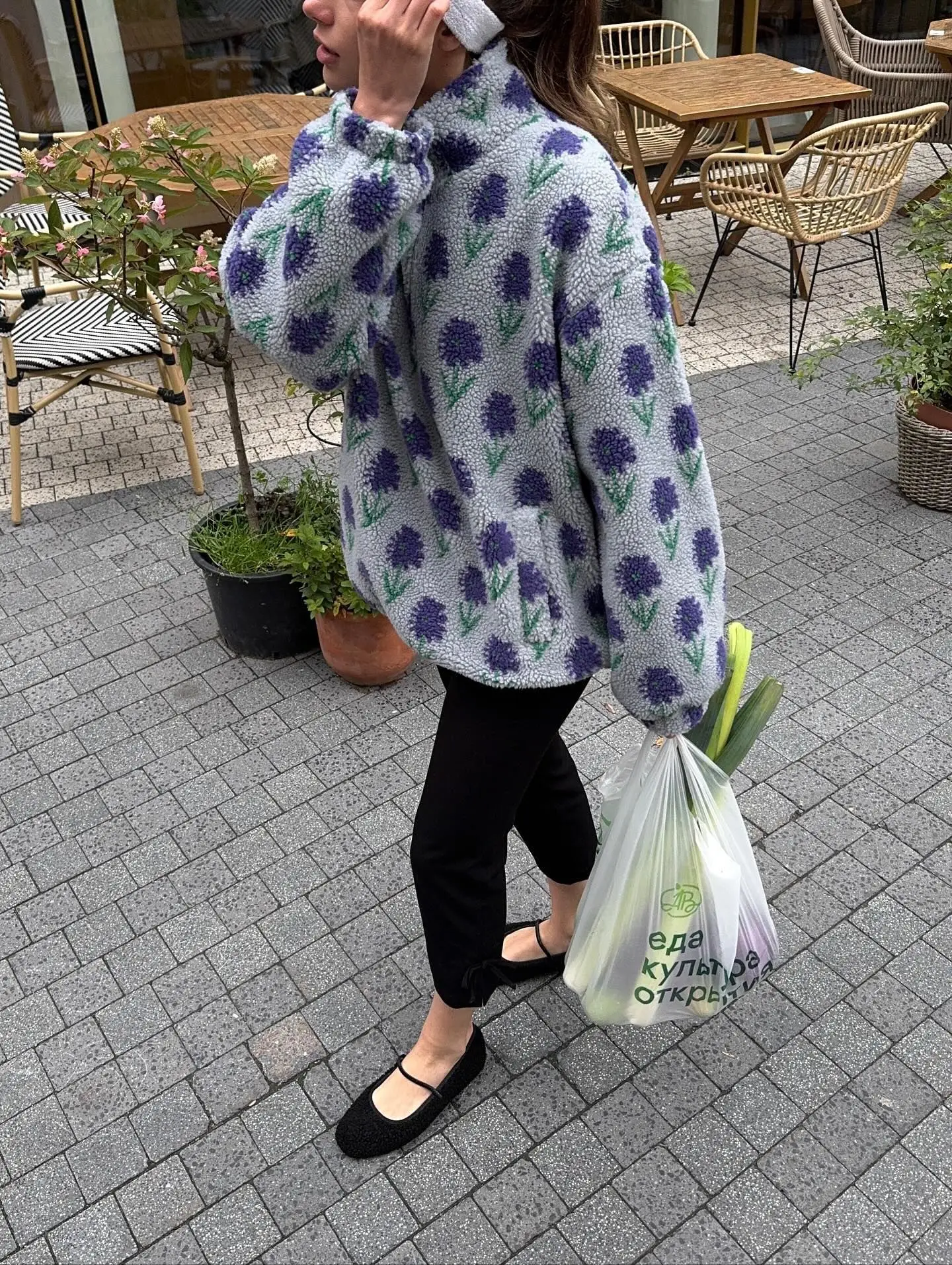Ticketsx Women Printed Lamb Fur Hoodies Vintage Fashion Floral Contrast Loose Pullover Fall Winter Casual Street Office Hoodies